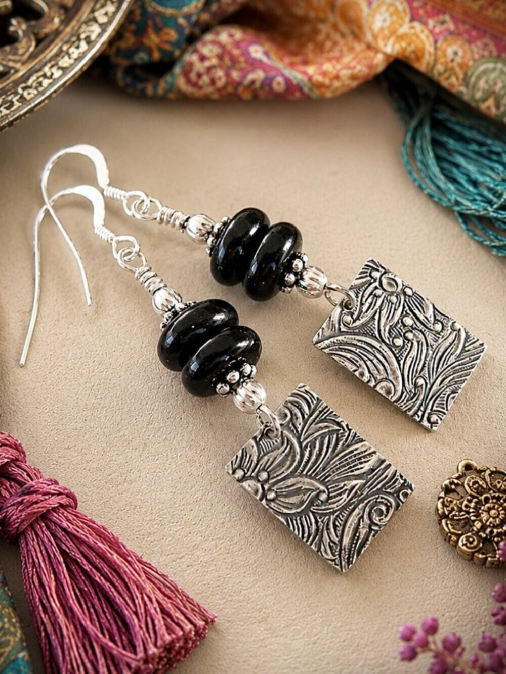 Western Black Onyx Earrings With Sterling Silver Dangles Cowgirl Jewelry